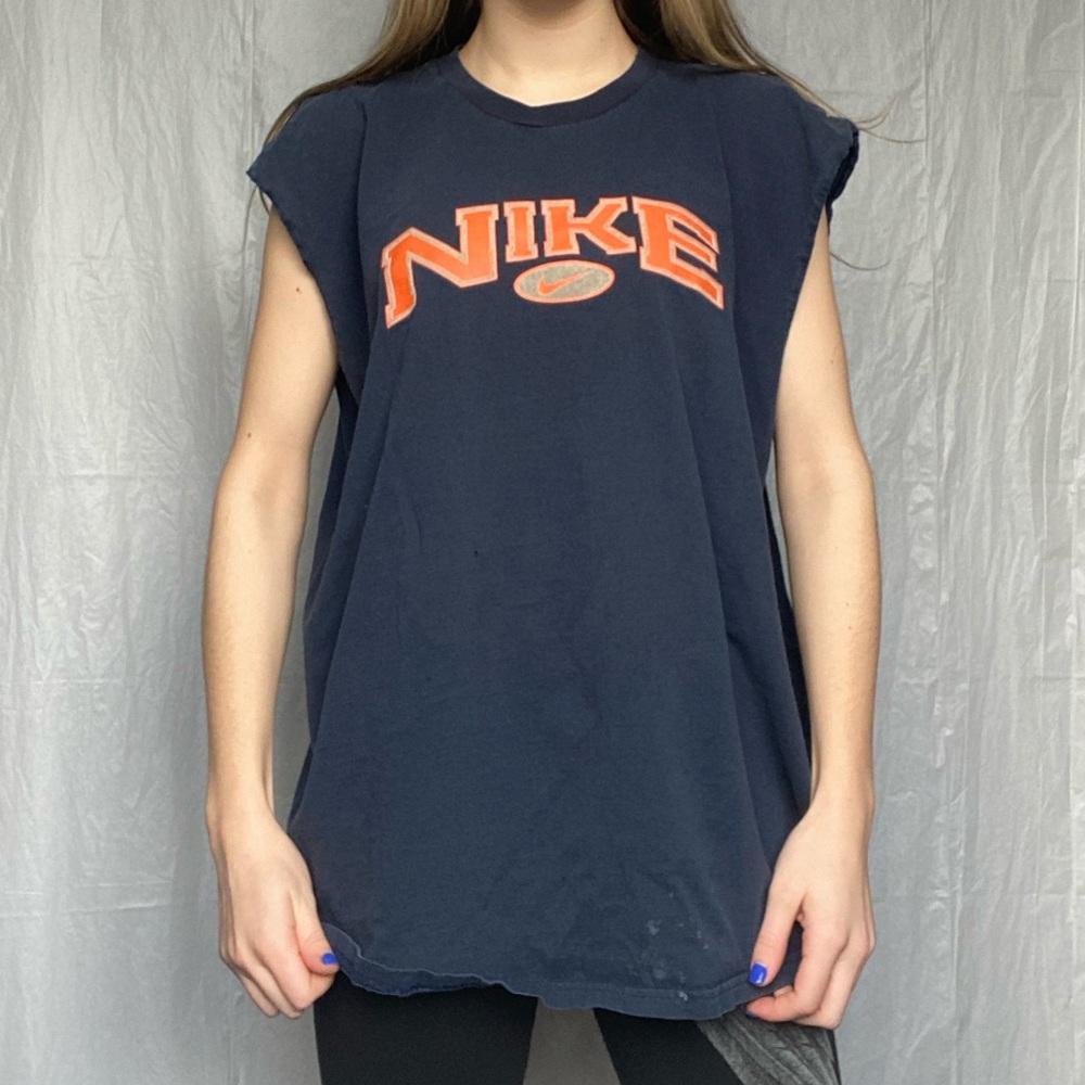 Nike Navy Blue Short Sleeve Logo Tee with Orange Accents